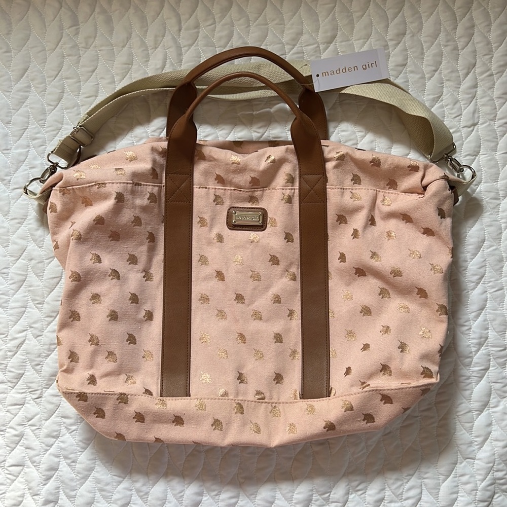 NWT Blush Pink & Gold Unicorn Weekender Bag - Madden Girl